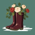Cute brown rainboots wtih roses and teal background