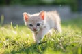 Cute brown Scottish kitten walking and playing on lawn in park in morning. Fresh and lovely. Scottish kitten mixed with Thai cat. Royalty Free Stock Photo