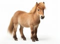 Cute brown Shetland pony standing side ways and looking to camera. Beautiful Falabella Miniature Horse Isolated on a