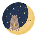Cute brown sleeping bear. Night blue sky with stars and moon. Vector illustration for the nursery. Image for poster Royalty Free Stock Photo