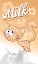 Cute brown smiling cat on beige milk design - vector