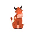 Cute brown spotted cow sitting on the ground, funny farm animal cartoon character vector Illustration on a white