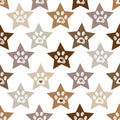Cute Brown Stars Doodle White Paw Prints With Hearts. Fabric Design Seamless Pattern