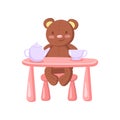 Cute brown teddy bear drinking tea at toy table, tea party cartoon vector Illustration Royalty Free Stock Photo