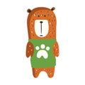 Cute brown teddy bear in green vest standing. Funny lovely animal colorful cartoon character vector Illustration Royalty Free Stock Photo