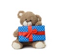 Cute brown teddy bear holding a box wrapped in blue paper and red silk ribbon on white isolated background Royalty Free Stock Photo