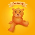 Cute brown teddy bear sitting on yellow background. I'm sorry concept card Royalty Free Stock Photo