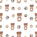 Cute brown teddy bears with foot print. Seamless children pattern