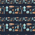 Cute brown, turquoise mannequin, scissors border on a blue background. Textural seamless square pattern. Print for fabrics, cards,