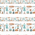 Cute brown, turquoise mannequin, scissors border on a white background. Textural seamless square pattern. Print for fabrics, cards