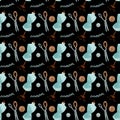 Cute brown, turquoise mannequin, scissors, buttons on a black background. Textural seamless square pattern. Print for fabrics, car