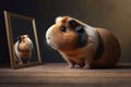 An adorable guinea pig gazes at itself in a mirror. Generative AI.