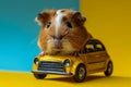 Cute Brown and White Guinea Pig Sitting on a Miniature Yellow Toy Car Against a Blue and Yellow Background Royalty Free Stock Photo