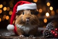 A cute brown - white guinea pig with soft, fluffy fur is wearing a red Santa Claus hat in the cold night during the Christmas Royalty Free Stock Photo