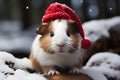 A cute brown - white guinea pig with soft, fluffy fur is wearing a red Santa Claus hat in the cold night during the Christmas Royalty Free Stock Photo