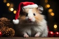 A cute brown - white guinea pig with soft, fluffy fur is wearing a red Santa Claus hat in the cold night during the Christmas Royalty Free Stock Photo