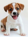 A cute brown and white puppy is sitting on a white surface with its tongue out