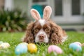 Cute brown and white spaniel dog in bunny ears with colorful easter eggs Royalty Free Stock Photo