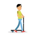 Cute brunette boy teen riding a kick scooter cartoon character, kids physical activities vector Illustration