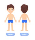Cute Brunette Boy in Underwear. Front and Back View. A Small Male Character in Swimming Trunks. Preschooler Stands and Smiles.