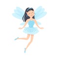 Cute Brunette Girl Fairy with Wings, Lovely Winged Elf Princesses in Light Blue Dress Cartoon Style Vector Illustration Royalty Free Stock Photo