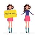 Cute brunette girl holding blank board banner thank you in hands Royalty Free Stock Photo