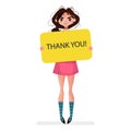 Cute brunette girl holding blank board banner thank you in hands Royalty Free Stock Photo