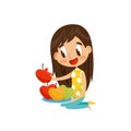 Cute brunette girl sitting on the floor and eating red apple vector Illustration on a white background Royalty Free Stock Photo