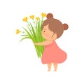 Cute Brunette Little Girl with Bouquet of Meadow Flowers, Adorable Little Kid Cartoon Character Playing Outside Vector