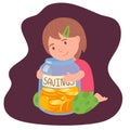 Cute brunette little girl holding the glass jar with saved money