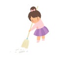 Cute Brunette Little Girl Sweeping the Floor with Broom at Home, Adorable Kid Doing Housework Chores at Home Vector Royalty Free Stock Photo