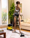 Cute brunette woman using a vacuum cleaner on a rug