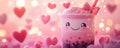 Cute bubble tea cup with a smiling face surrounded by hearts in a whimsical setting Royalty Free Stock Photo