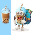 Cute Bubble Tea mascot carrying a schoolbag, backpack, back to school