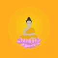 Cute buddha in glow, meditating monk. Orange page and colorful clipart character