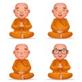 Cute buddhist sitting monk traditional asian buddhism culture meditation religion cartoon 3d realistic character set