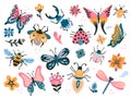 Cute bugs. Child drawing insects, flying butterflies and baby ladybird. Flower butterfly, fly insect and beetle flat vector set Royalty Free Stock Photo