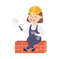 Cute Builder Building Brick Wall of House, Little Girl in Hard Hat and Blue Overalls with Construction Tools Cartoon