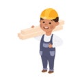 Cute Builder Carrying Planks, Little Boy in Hard Hat and Blue Overalls with Construction Tools Cartoon Style Vector