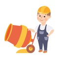 Cute Builder with Concrete Mixer, Little Boy in Hard Hat and Blue Overalls with Construction Tools Cartoon Style Vector