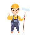 Cute Builder with Roller Brush, Little Boy Painter Character in Hard Hat and Blue Overalls with Construction Tools