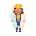 Cute Builder with Rolls of Wallpaper, Little Girl in Hard Hat and Blue Overalls with Construction Tools Cartoon Style