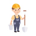 Cute Builder with Spade and Bucket, Little Boy in Hard Hat and Blue Overalls with Construction Tools Cartoon Style