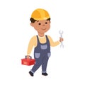 Cute Builder with Tools Box and Wrench, Little Boy in Hard Hat and Blue Overalls with Construction Tools Cartoon Style