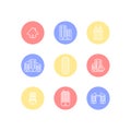 Cute building vector icons set on colorful circle, white background, vector