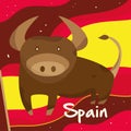 Cute bull animal and a Spanish flag Spain culture template Vector Royalty Free Stock Photo