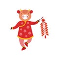 Cute bull baby girl with festive Chinese New Year firecracker. Symbol chinese new year 2021. Ox in red traditional Oriental