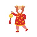 Cute bull baby girl with old gold coins of luck on a red string. Symbol of the new year 2021. Ox in a traditional Chinese costume