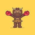 Cute bull in boxer costume with champion belt. Animal cartoon concept isolated. Can used for t-shirt, greeting card, invitation