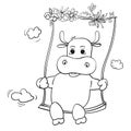 Cute Bull or Cow in the swing. Dreams of bull Illustration for any design. Baby Shower invitation cards, Cartoon Coloring